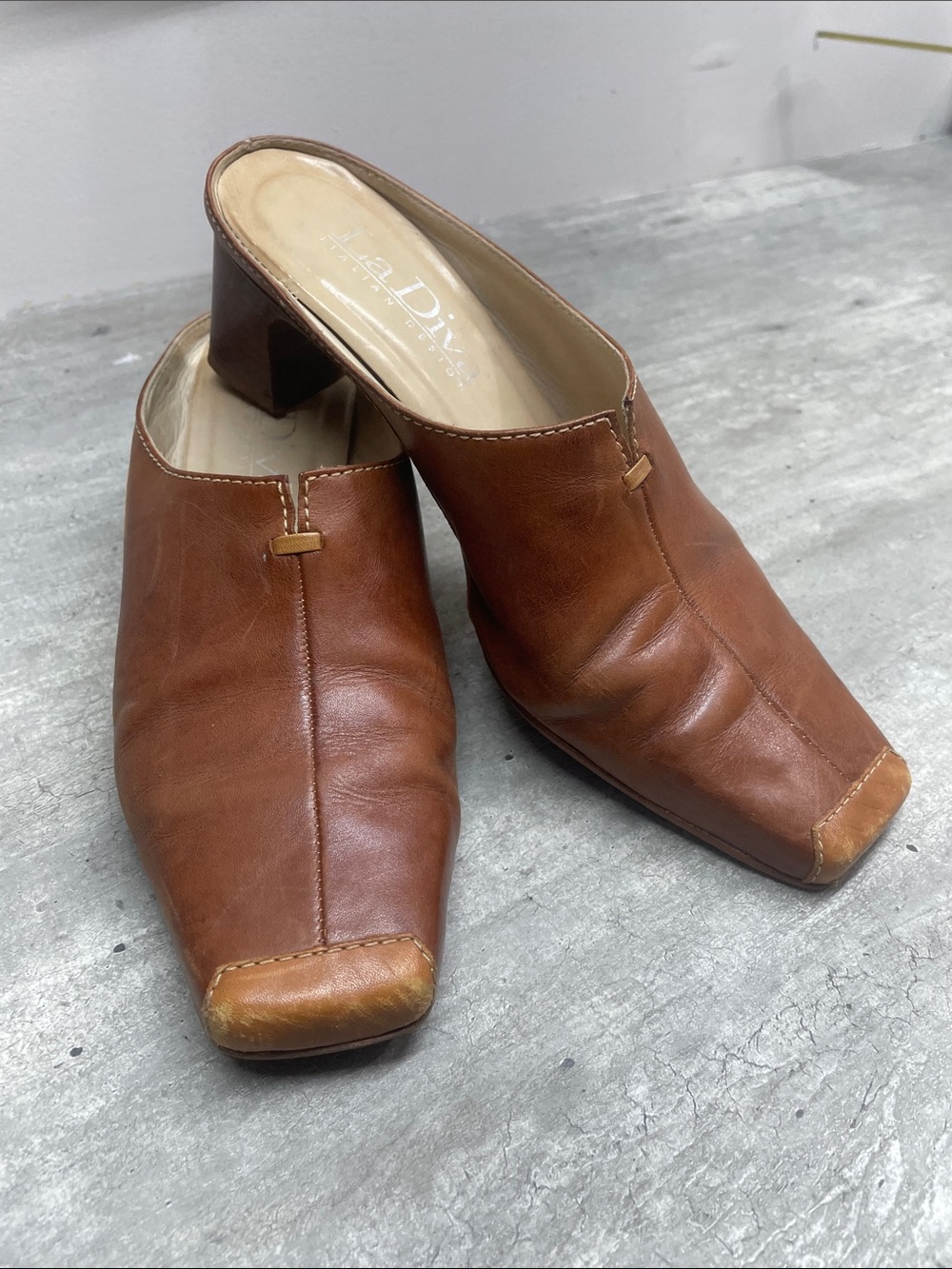 Diva Cognac Leather Square-Toe Mule Heels